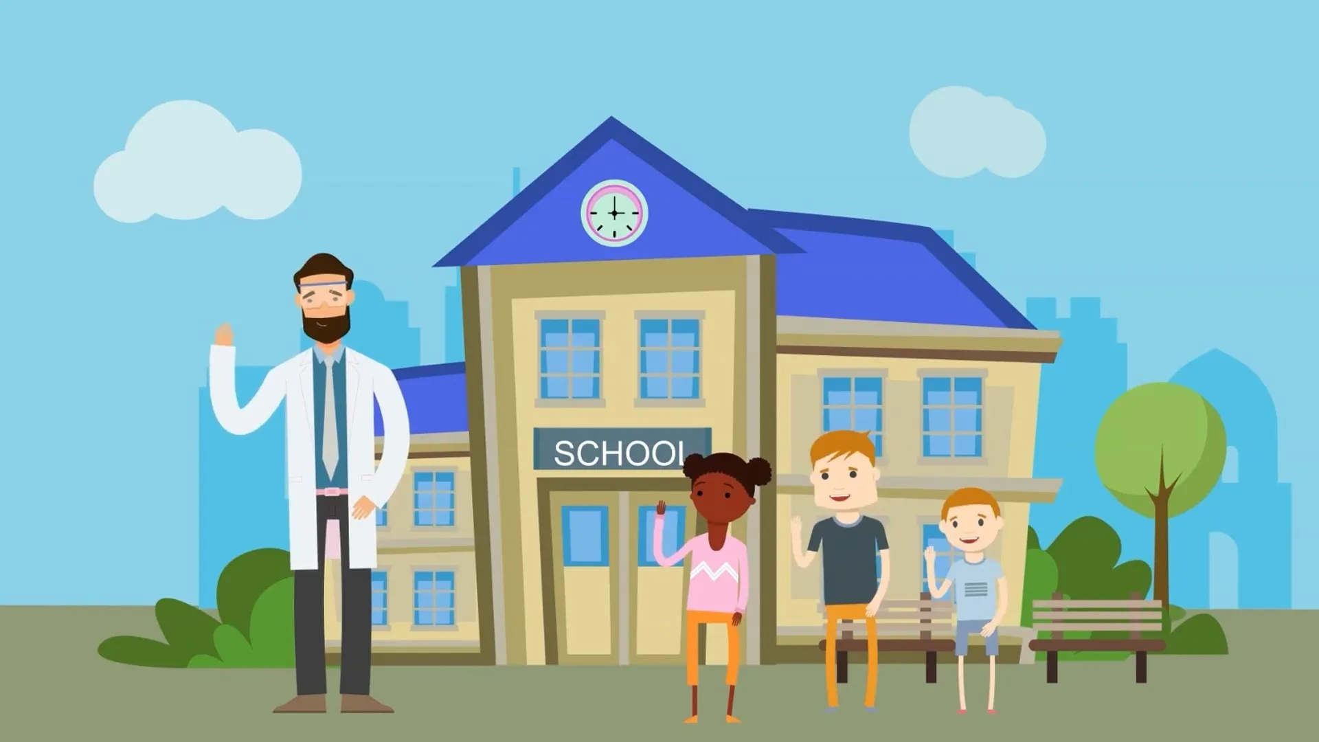 Screenshot aus einem Erklärfilm für Grundschüler – animierte Szene vor einer Schule mit Lehrer und Kindern. Produziert für Bildungsprojekte in Bayern, speziell für Schulen in Schwandorf, Amberg, Amberg-Sulzbach, Burglengenfeld und Regensburg. Ideal für kindgerechte Wissensvermittlung und medienpädagogische Arbeit.